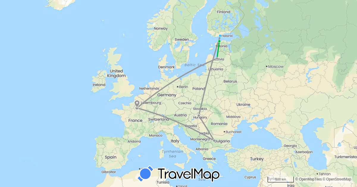 TravelMap itinerary: driving, bus, plane, boat in Bulgaria, Estonia, Finland, France, Hungary, Latvia (Europe)
